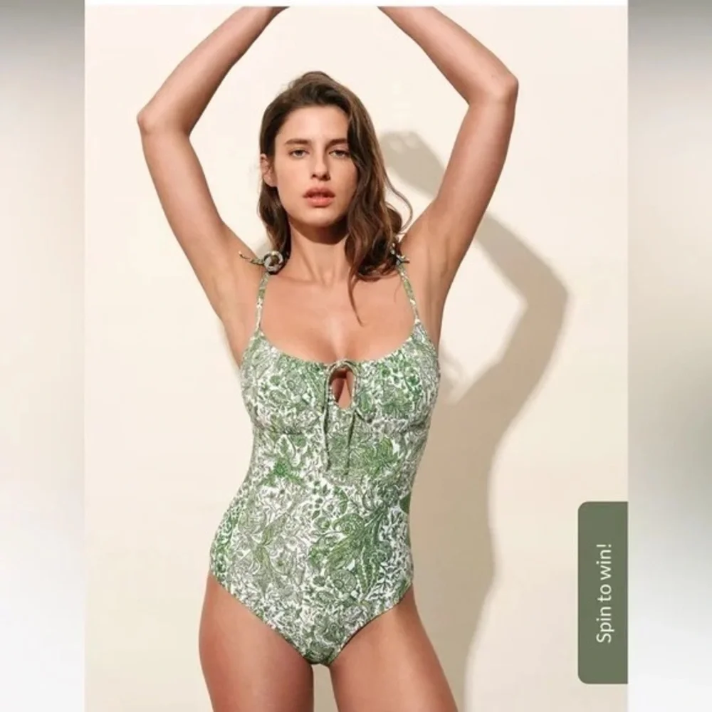 Berlook Retro Floral Drawstring‎ Ruched One-Piece Swimsuit Womens XS Green